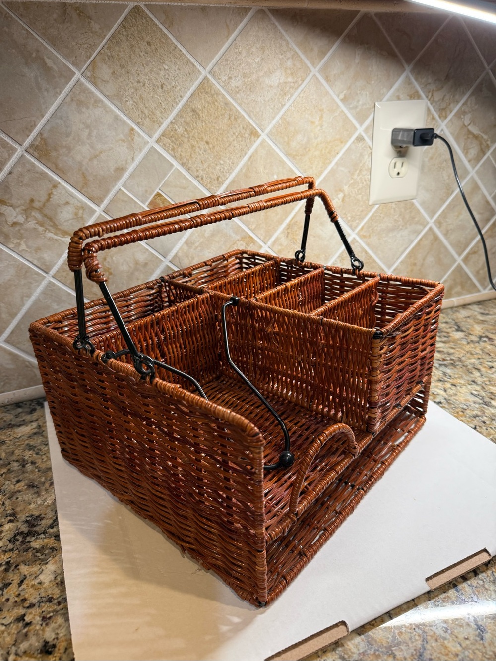 Wicker Basket Caddy / Organizer for Picnic or Tabletop with 7 Compartments